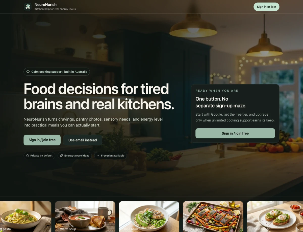 NeuroNurish.app homepage showing the low-spoons kitchen console landing experience