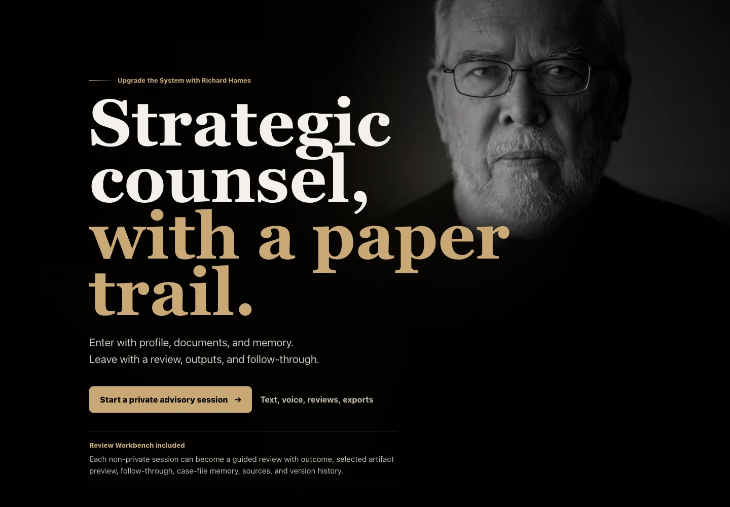 Upgrade the System homepage, featuring Richard Hames and the headline Strategic counsel, with a paper trail